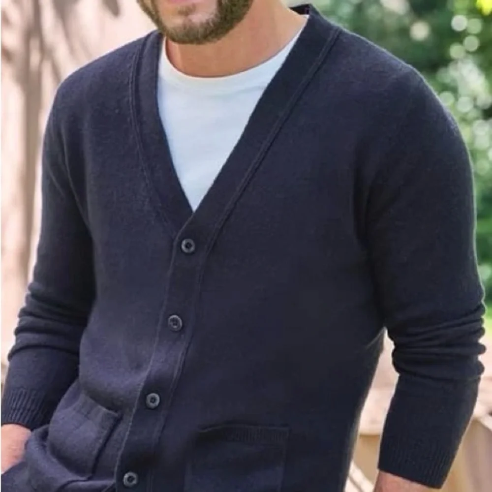 Woolovers Mens Lambswool‎ V Neck Pure Lambswool Cardigan Navy Blue Size XLarge